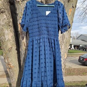 Blue Smocked Midi Dress with Textured Dot Details - Women